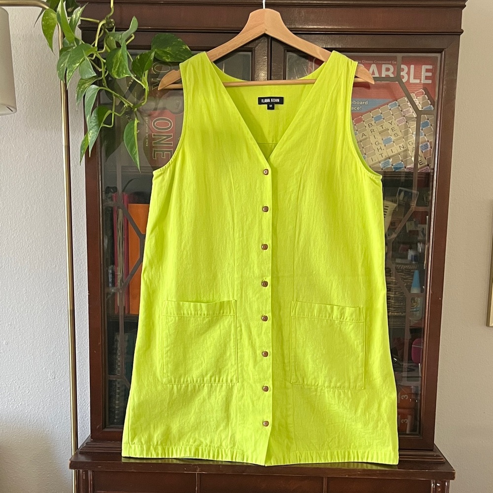 Ilana Kohn Neon Yellow Mini Dress Shirtdress Patch Pocket Women’s Size M